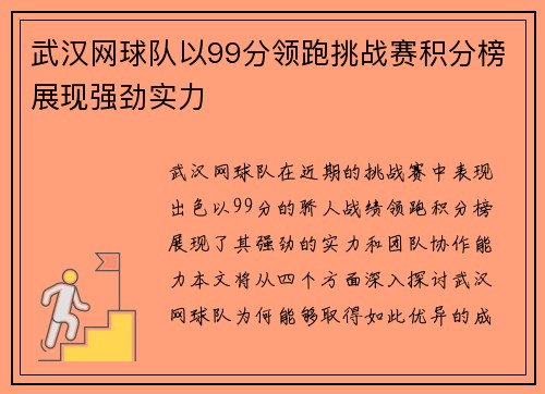 武汉网球队以99分领跑挑战赛积分榜展现强劲实力