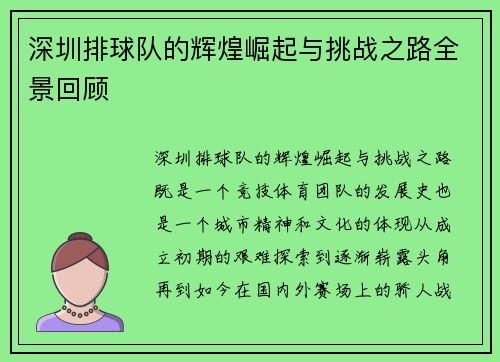 深圳排球队的辉煌崛起与挑战之路全景回顾